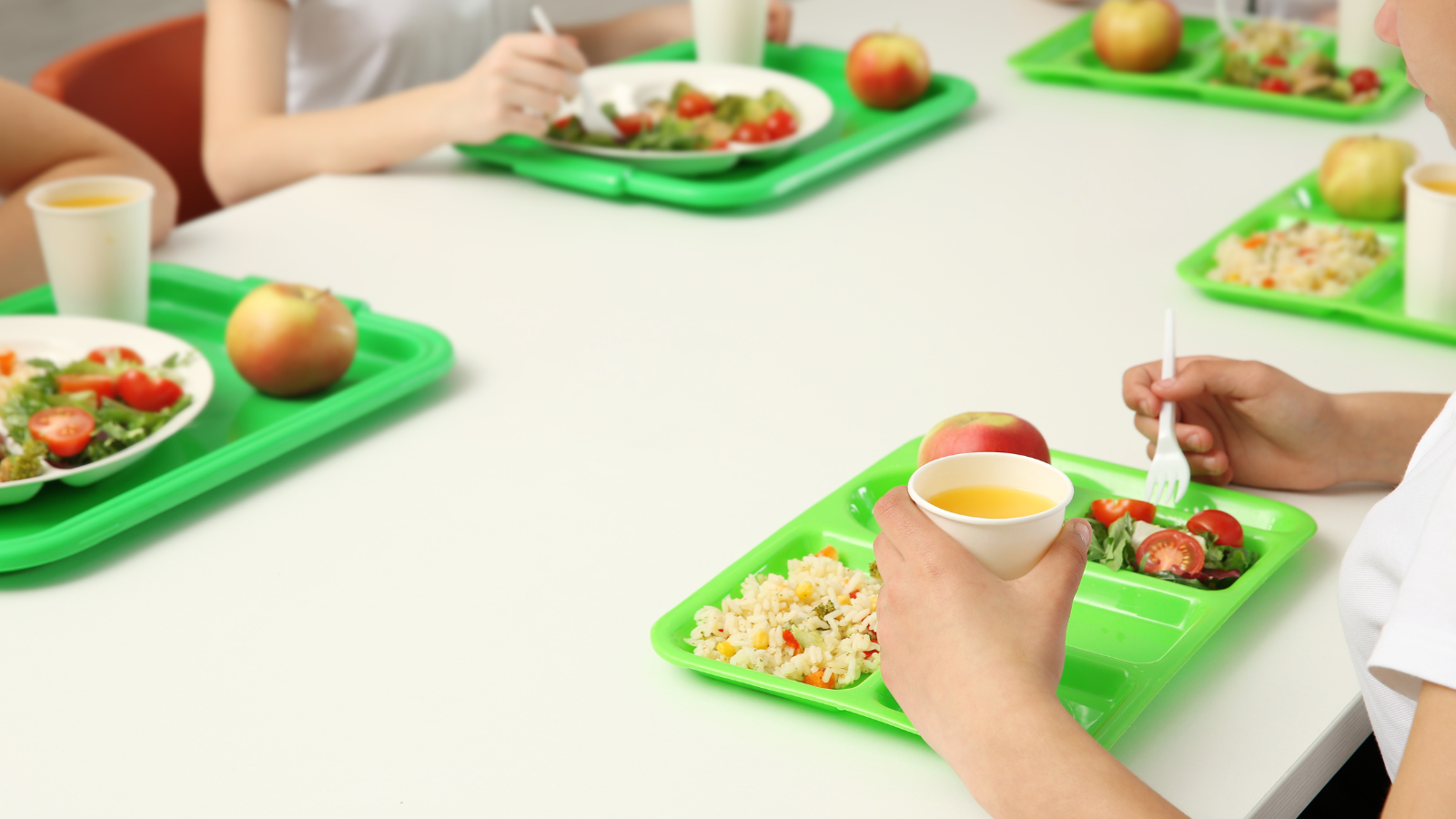 close up of table with school lunch trays