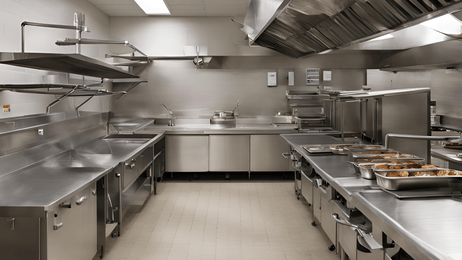 Looking down the aisle at a clean, silver galley school kitchen